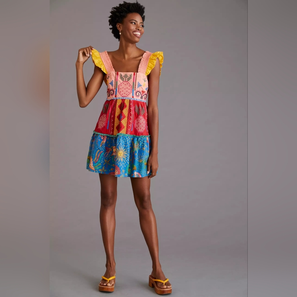 Colorful Patchwork Dress with Ruffle Sleeves